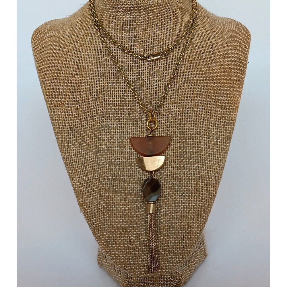 Goldtone Geometric Sea Glass & Banded Agate Tassel Necklace 23 in